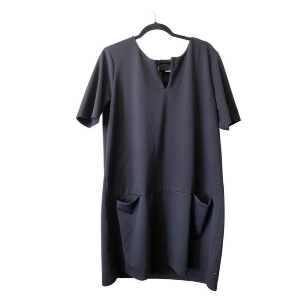 Halogen Womens Stretch Split V-Neck Short Sleeve Loose Fit Shirt Dress Black XL